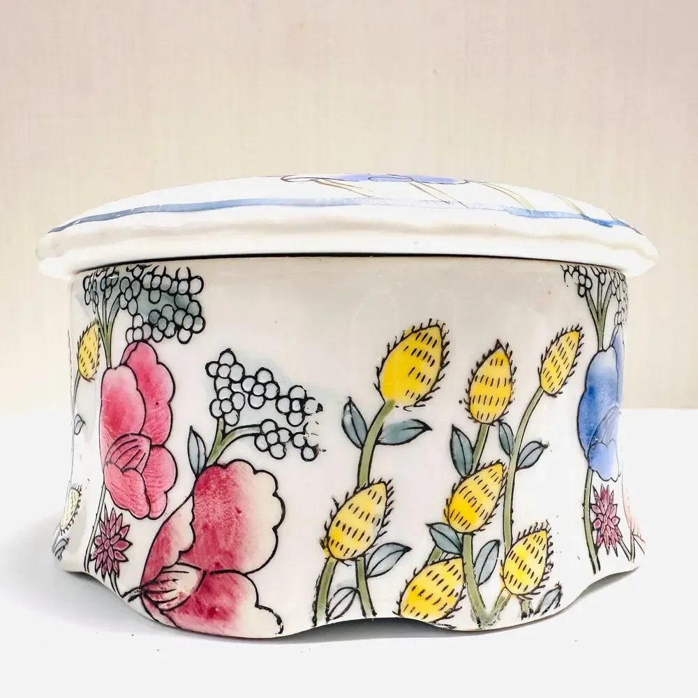 Vintage Floral Asian Trinket Jewelry Storage Box Lidded